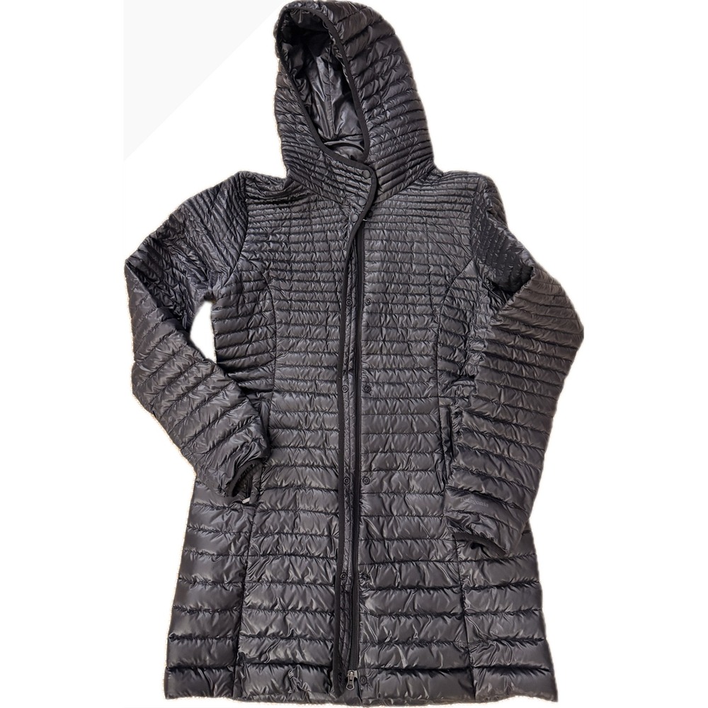 Patagonia Fiona Black Down Hooded ultra light  puffer jacket Womens Large Long